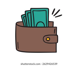 Money brown wallet green dollar icon doodle hand drawn. colorful cartoon wallet drawing clipart symbol. Vector illustration