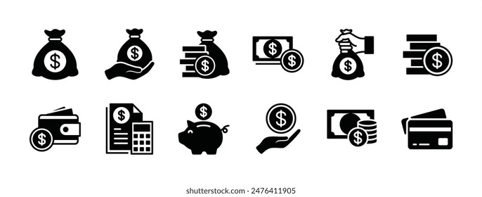 Money, budget, savings, loan, cash, earning, income, wallet, currency, dollar, card, coin, revenue, piggy bank, and profit icon set. Finance business icon collection