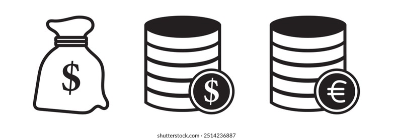 Conjunto de ícones de dinheiro, orçamento, economias, empréstimo, dinheiro, ganhos, renda, carteira, moeda, dólar, cartão, moeda, receita, mealheiro e lucro. Linha fina de negócios financeiros