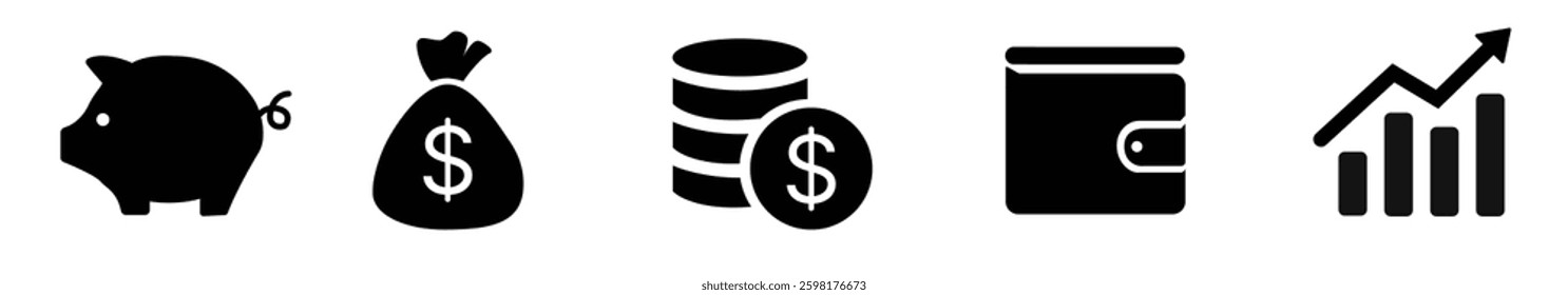 Money, budget, savings, loan, cash, earning, income, wallet, currency, dollar, card, coin, revenue, piggy bank, and profit icon set. Finance business thin line icon collection.