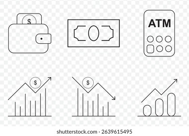 Money, budget, savings, loan, cash, earning, income, wallet, currency, dollar, card, coin, revenue, piggy bank, and profit icon set. Finance business thin line icon collection on Transparent BG. EPS10