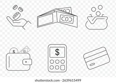 Money, budget, savings, loan, cash, earning, income, wallet, currency, dollar, card, coin, revenue, piggy bank, and profit icon set. Finance business thin line icon collection on Transparent BG. EPS10