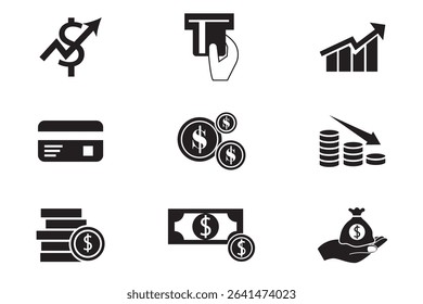 Money, budget, savings, loan, cash, earning, income, wallet, currency, dollar, card, coin, revenue, piggy bank, and profit icon set. Finance business icon collection