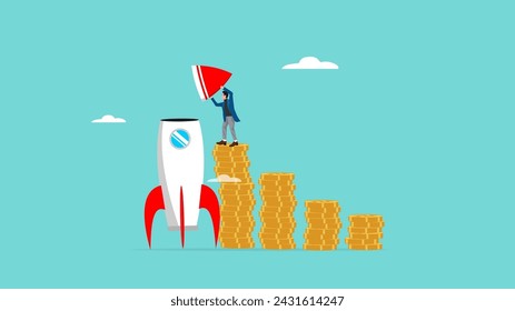money to build a business startup, capital to start running a business, success steps in building a start-up business, businessman climbs the ladder of the money coin and completes the rocket design