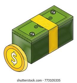 money bundle dollars banknote and coin isometric