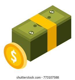 money bundle dollars banknote and coin isometric