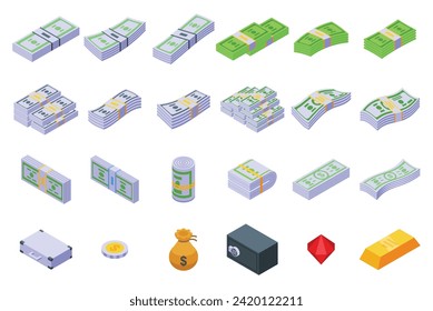 Money bundle icons set isometric vector. Dollar stack. Cash bunch roll