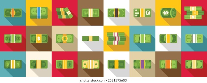 Conjunto de iconos de Paquete de dinero. Grande conjunto de Paquetes de dinero en efectivo en varias divisas acostado con largas sombras sobre un fondo colorido