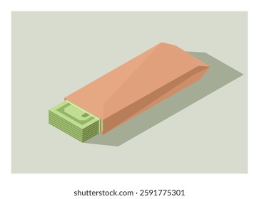 Money bundle inside brown envelope. Simple flat illustration in isometric view.