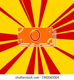 Money bundle symbol on a background of red flash explosion radial lines. The large orange symbol is located in the center of the sun, symbolizing the sunrise. Vector illustration on yellow background