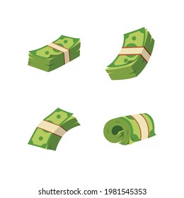 Money in bundles bank notes flat design. Green dollar in various bundles, currency sign pack.