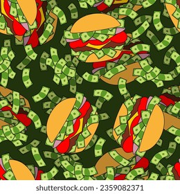 Money burger pattern seamless. Hamburger with dollars background. Fast food millionaire texture