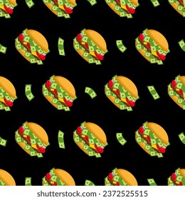 Money burger pattern seamless. Hamburger with dollars background. Fast food millionaire texture