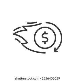 Money burning, icon in line design. Money, burning, fire, cash, flame, dollar, loss on white background vector. Money burning editable stroke icon