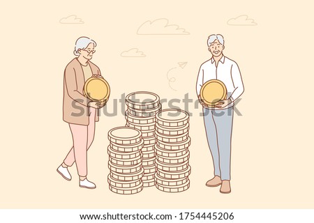 Money, busines, insurance, deposit, saving concept. Deposit accumulation contribution to senior citizen account old age savings illustration. Elder man woman granmother grandfather put coins in stacks