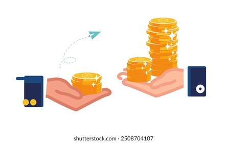 Dinheiro, negócios. Os empresários seguram pilhas crescentes de centavos de dólar de ouro. Moedas nas mãos de banqueiro. Arrume um emprego bem remunerado. Moedas de ouro nas mãos da palma da mão. Mudança de trabalho. Ilustração vetorial