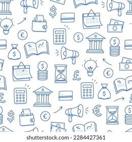 Money, business doodle seamless pattern background. Bank profit, money economy, finance doodle sketch style pattern with coin, megaphone, calculator element. Vector illustration