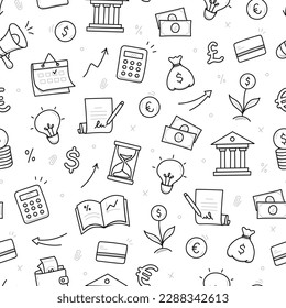 Money, business doodle seamless pattern background. Bank profit, money economy, finance doodle sketch style pattern with coin, megaphone, calculator element. Vector illustration