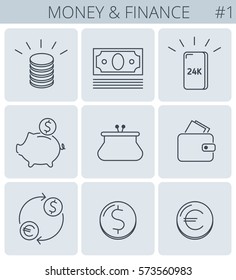 Money, business, finance outline icons: coins stack, gold bullion, piggy bank, wallet. Vector thin line symbol and sign set. Isolated infographic elements for web, presentations, social networks.