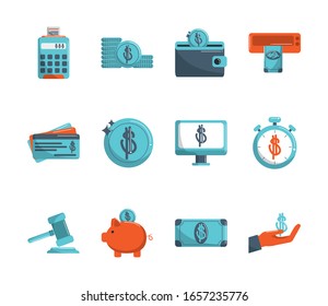 money business financial trade commerce icons set vector illustration color tone and fill