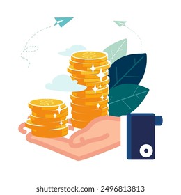 Money, business. The hand of a business banker holds a stack of gold dollar cents, coins. Get a high-paying job. Dollar coins. Gold coins on the hands in the palm. Change of work. Vector illustration