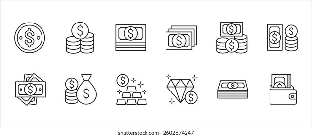 Money business icon set. Cash wealth icons. Company asset symbol. Icon set contains cash, balance, finance, fund, coin, paper money, digital financial, payment. Vector stock illustration.