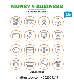 Money and business icons. Cash and cashless money. Usd, eur, gbp and jpy currency exchange. Presentation, calculator and shopping cart symbols. Circle buttons on white. Vector