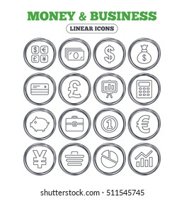 Money and business icons. Cash and cashless money. Usd, eur, gbp and jpy currency exchange. Presentation, calculator and shopping cart symbols. Circle flat buttons with linear icons. Vector