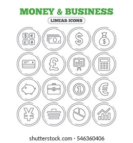 Money and business icons. Cash and cashless money. Usd, eur, gbp and jpy currency exchange. Presentation, calculator and shopping cart symbols. Circle flat buttons with linear icons. Vector