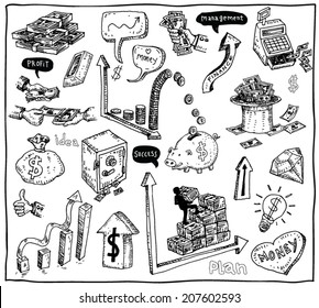 Money and business icons set, hand drawn.
