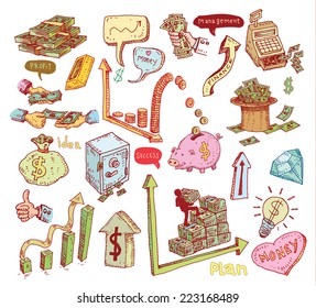 Money and business icons set, hand drawn.