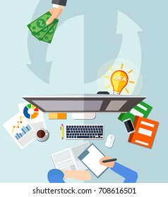 Money for business idea concept. Vector of workplace of a businessman managing a profitable internet based enterprise  