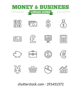 Money and business linear icons set. Cash and cashless money. Usd, eur, gbp and jpy currency exchange. Presentation, calculator and shopping cart symbols. Thin outline signs. Flat vector