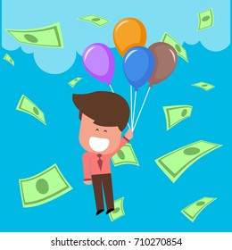 Money Business Man Flying On Air Balloons Flat Vector Illustration