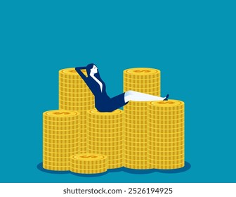 Money. Businesswoman lay down singing on pile of money coins, financial independence retire early