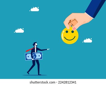 Money buys happiness. Businessman offers money to buy happy smiling faces