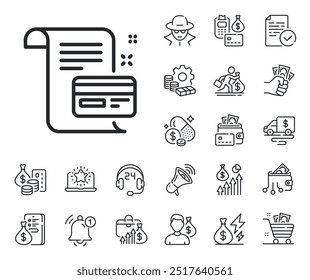 Dinero por signo de correo. Dinero en efectivo, préstamos e iconos de esquema de hipoteca. Icono de línea de tarjeta de crédito de pago. Símbolo de condiciones de Acuerdo. Signo de línea de tarjeta de pago. Tarjeta de crédito, icono de monedero cripto. Vector