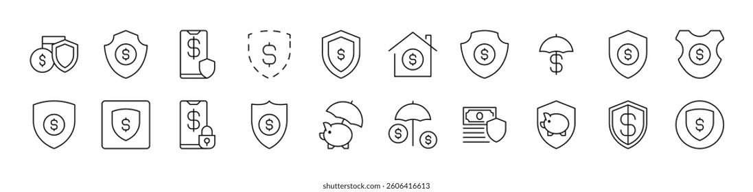 Money by Shield Outline Icon Collection. Editable Stroke. Perfect for Infographics, Articles, Books, Flyers, Banners