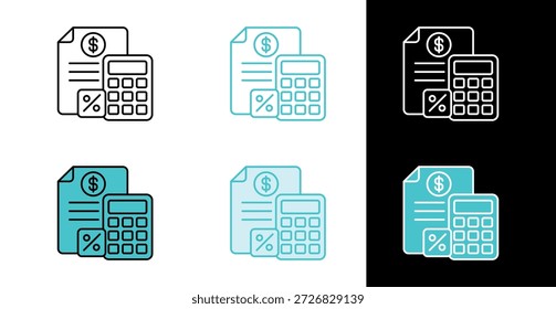 Money calculation document and calculator icon for financial planning in line and fill style