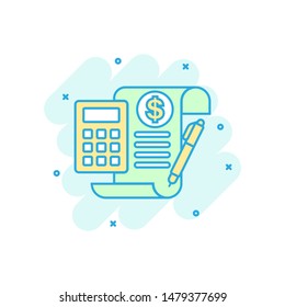 Money calculation icon in comic style. Budget banking vector cartoon illustration on white isolated background. Financial payment splash effect business concept.