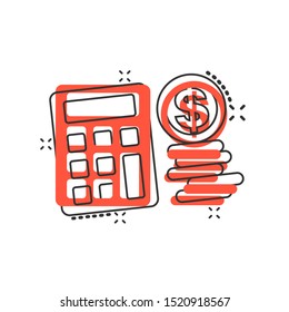 Money calculation icon in comic style. Budget banking vector cartoon illustration on white isolated background. Financial payment splash effect business concept.