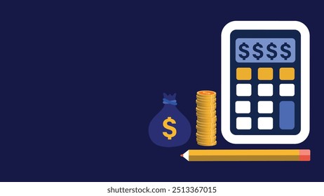 Cálculos de dinheiro conceito vetor banner design ilustração com calculadora, lápis, pilha de moedas e dinheiro de volta ícones todos em um fundo horizontal azul.