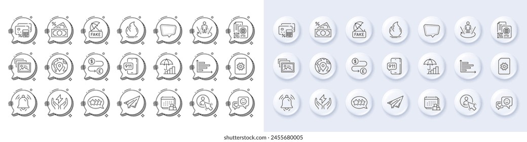 Money calculator, Emergency call and Safe energy line icons. White pin 3d buttons, chat bubbles icons. Pack of File management, Notification bell, Photo album icon. Vector