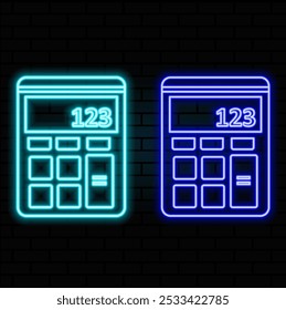 calculadora de dinheiro neon luz sinal vetor. Brilhante ícone brilhante sinal de calculadora de dinheiro. símbolo transparente ilustration.blue cor.