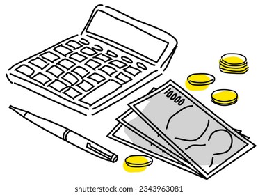 money, calculator and pen image hand drawing illustration, vector