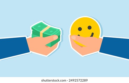Money can buy happiness a dilemma between financial goals and work life balance for enjoying life, concept of A businessman hand offers money to buy a happy, smiling face