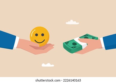 Money can buy happiness, philosophy or life success dilemma, financial goal vs work life balance and enjoy life concept, businessman hand offer money to buy happiness smile face.