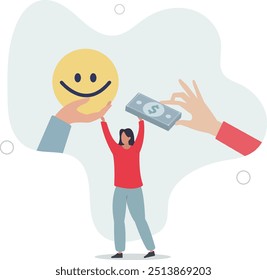 Money can buy happiness, philosophy or life success dilemma, financial goal vs work life balance and enjoy life concept.flat design with people.