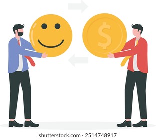 Money can buy happiness, philosophy or life success dilemma, financial goal vs work life balance and enjoy life concept, businessman hand offer money to buy happiness smile face.

