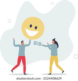 Money can buy happiness, philosophy or life success dilemma,flat design with people.